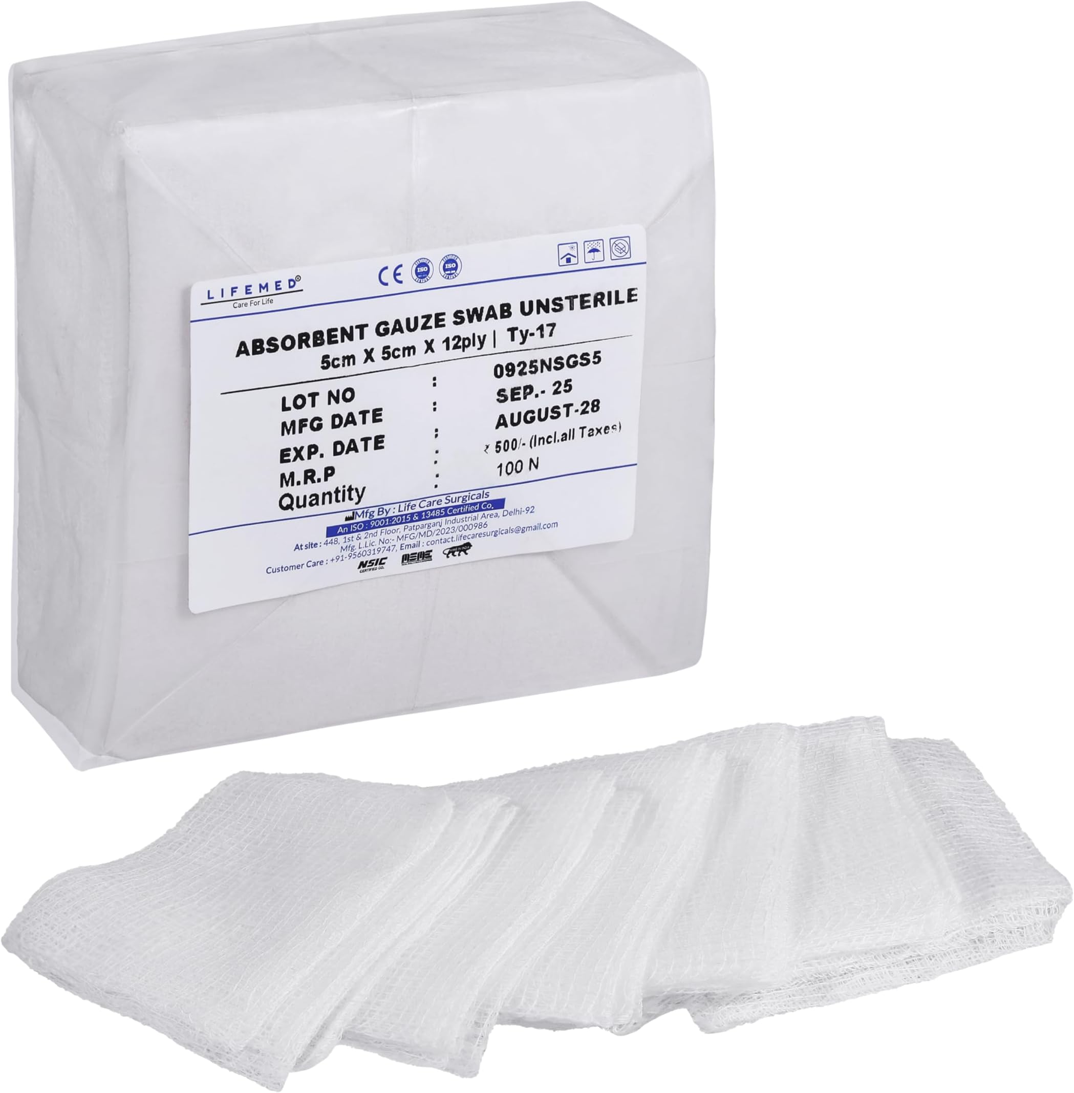 LIFEMED Non-Sterile Gauze Swabs 5 x 5 cm, 12 Ply Cotton Medical Gauze Pads for Wound Dressing, Medical Use & First Aid (Pack of 100 Swabs)
