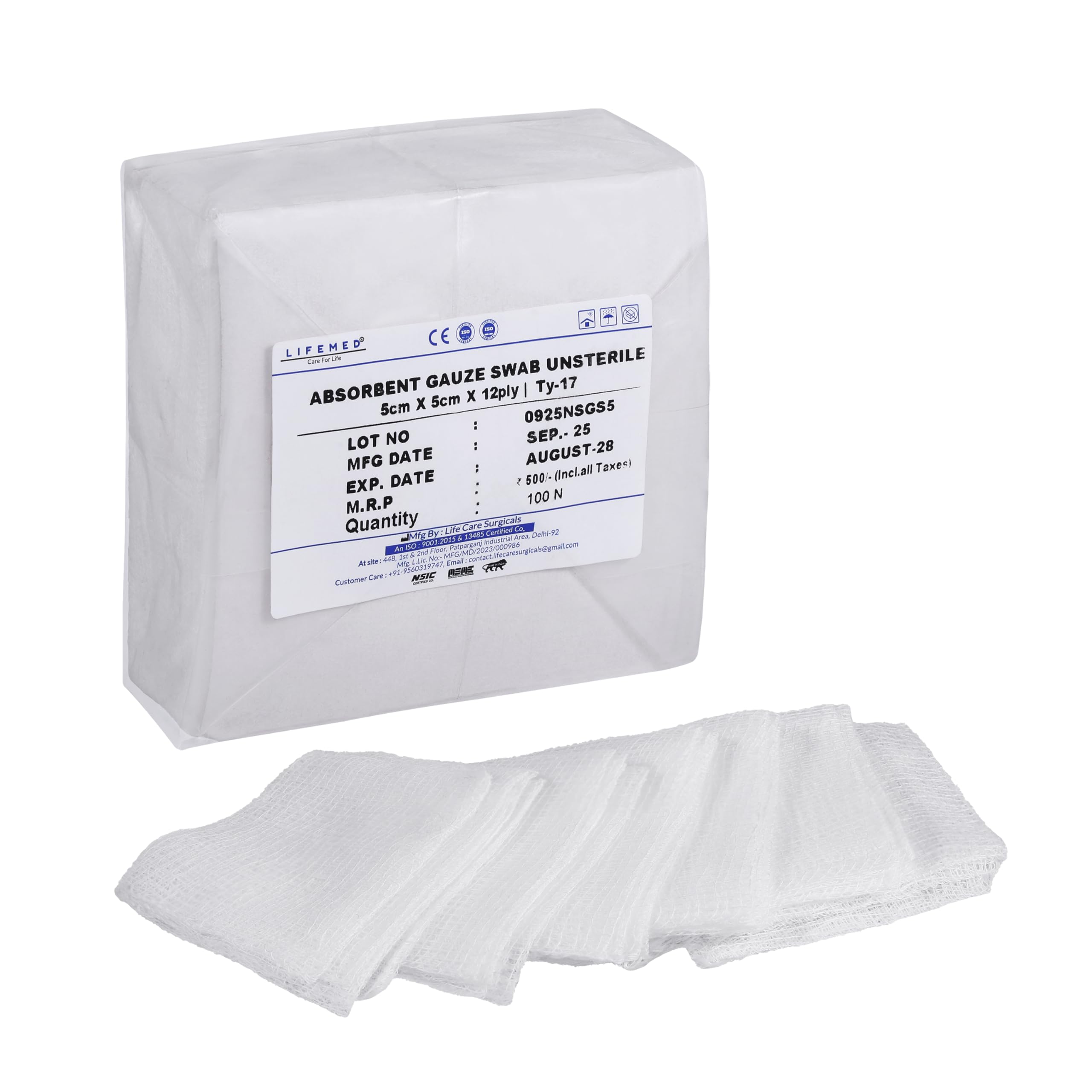 Non-Sterile Gauze Swab 5cm x 5cm 12-Ply | High-Absorbency Cotton Gauze Pads for Wound Dressing, Medical Use & First Aid (Pack of 100 Swabs)