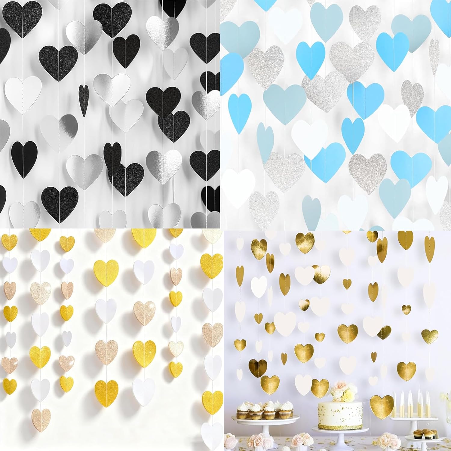 jijAcraft Heart Garland Black and White + Blue + Glitter Champagne Gold + White Champagne Gold