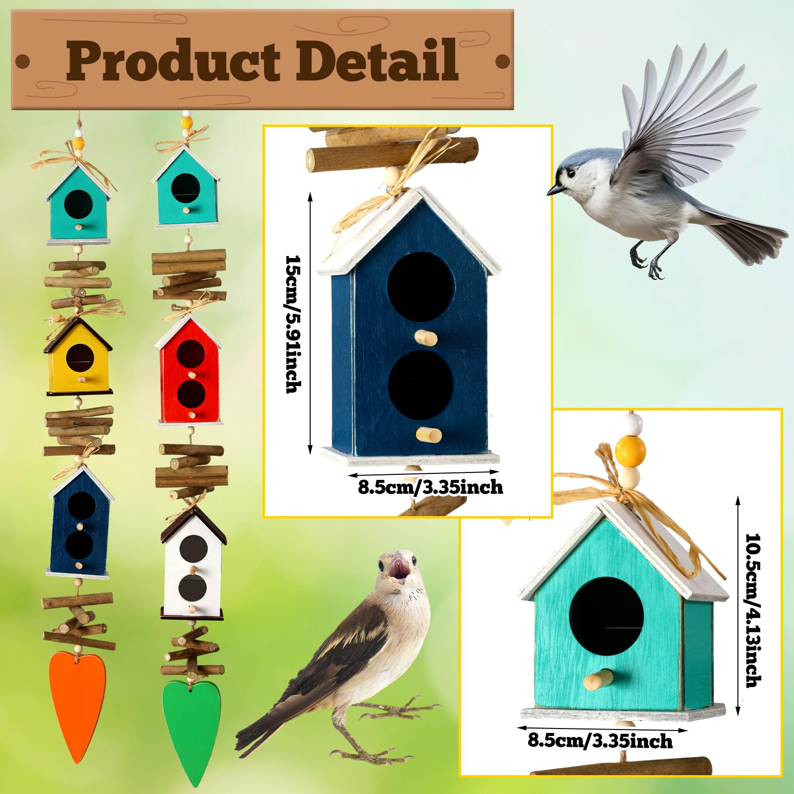 Potchen Paquete de 2 comederos colgantes coloridos para pájaros al aire libre, jardín, aldea, granja, comedero de madera para pájaros para casas de campo, granja, decoración de jardín al aire libre