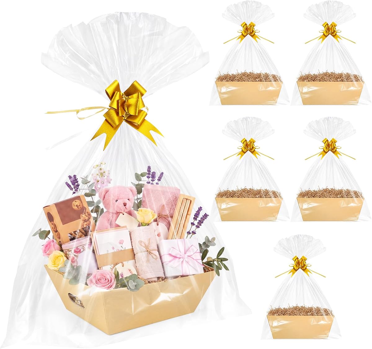 EVELOMO 6 Pack Empty Gift Baskets to Fill - 12" x 10" Large Baskets for Gifts Empty, Sturdy DIY Gifts Baskets Sets with 500g Crinkle Cut Papers for Birthdays Weddings Parties and Holidays (Kraft)