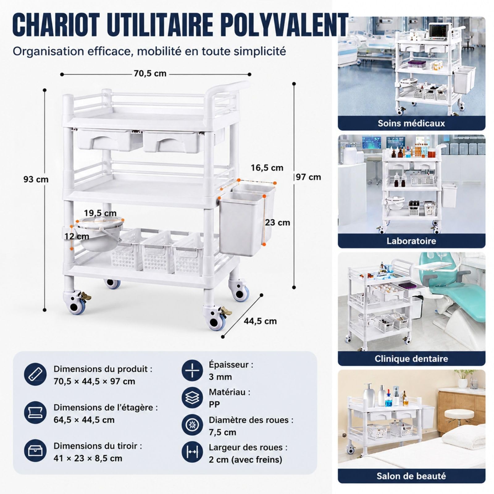 Chariot de Laboratoire Blanc à 3 Niveaux avec 3 poubelles pour Rangement et Transport