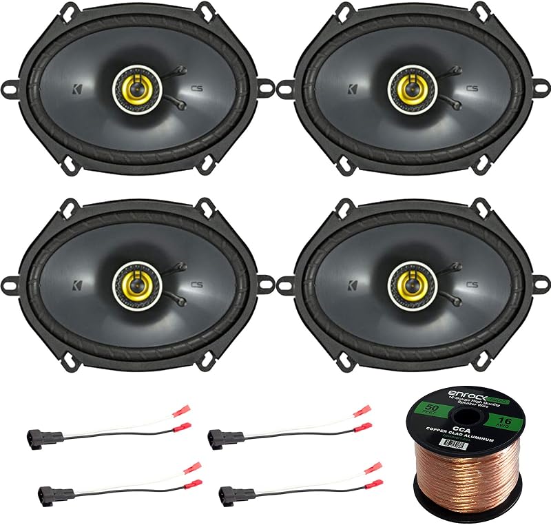 4X Kicker 225W 6x8 CS Series 2-Way Black Car Coaxial Speakers, 4X Enrock 16 Gauge Speaker Harness Adapter W/Red Bullet for Select Ford Vehicles 1998-UP, Enrock Audio 16-Gauge 50 Foot Speaker Wire