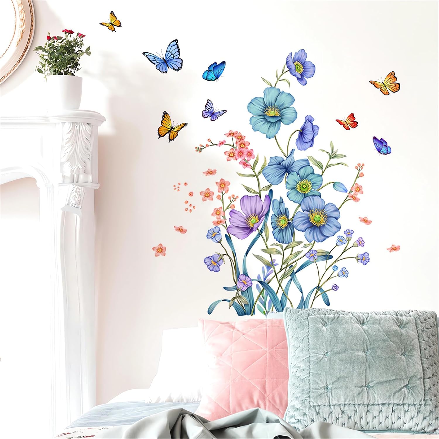 Blue Botanical Flower Butterfly Wall Stickers, sacinora