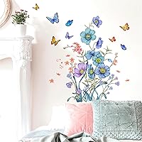 Vista 1 de Calcomanías de pared de mariposas y flores botánicas azules, calcomanías de pared de sacinora con plantas verdes, vinilo extraíble para despegar