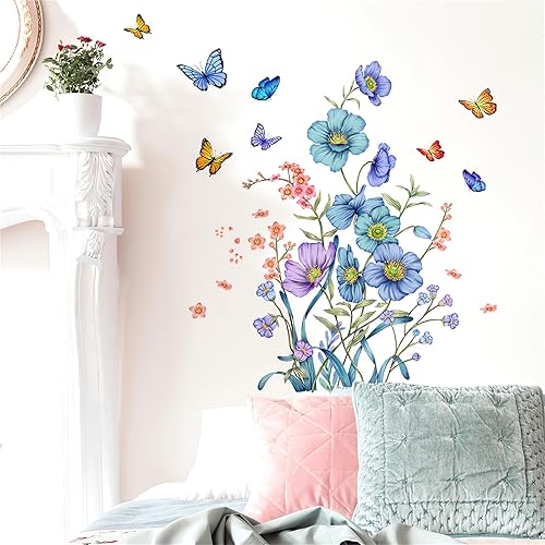 Calcomanías de pared de mariposas y flores botánicas azules, calcomanías de pared de sacinora con plantas verdes, vinilo extraíble para despegar y