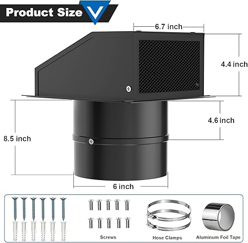 Miniatura 2 de Rejilla de ventilación de pared de 6 pulgadas con pantalla y amortiguador, kit de cubierta de ventilación con capucha de acero galvanizado, tapa de