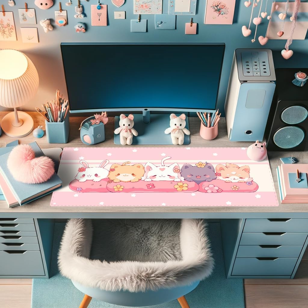 Kawaii Mouse Pad Cute Mouse Pad Pink and Green Anime Cute Desk Pad Laptop Keyboard Mouse Pad Desktop Pad Large 31.5 x 11.8 inch Stitched Edge Non Slip Rubber Base Office Girl Home Decor