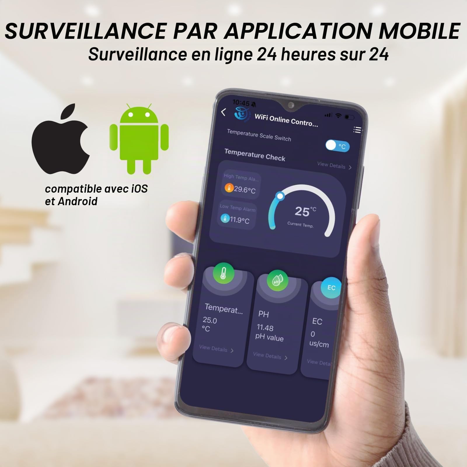 Testeur de Qualité d'Eau Intelligent WiFi pH, EC et température Testeur de surveillance en ligne continue avec écran LCD, alertes App, données en temps réel pour l'hydroponie, les aquariums