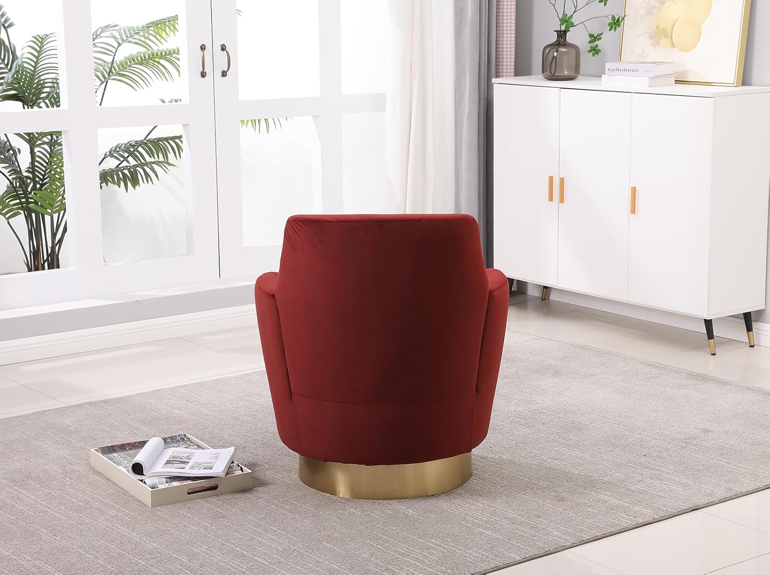 Velvet Swivel Accent Chair, Upholstered Barrel Chair with Golden Base, Comfy Sherpa Round Boucle Chair, 363-degree Swivel Armchair for Living Room, Bedroom, Lounge, Office, Nursery, Club, Red