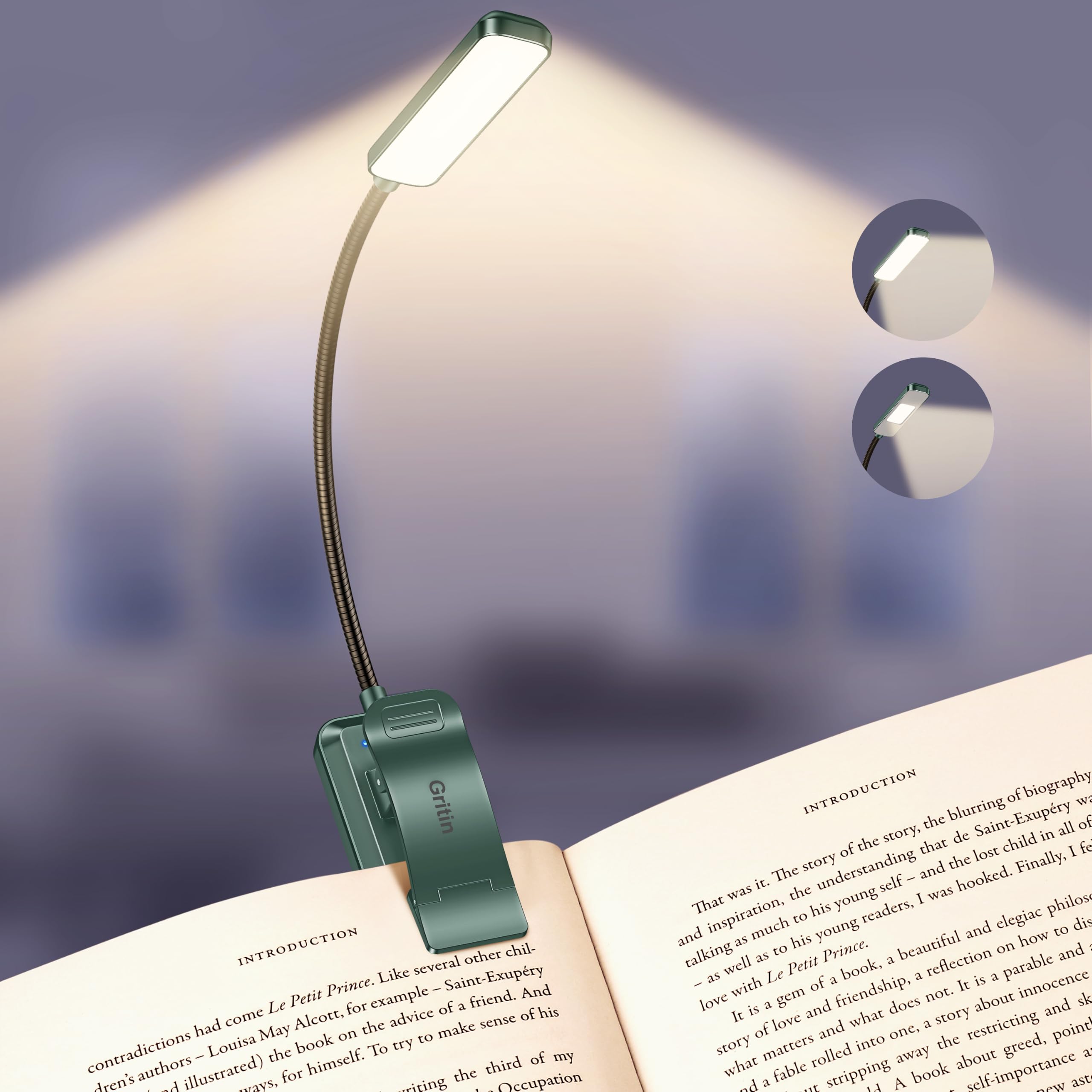 Gritin 2026 Gen 2 Book Light for Reading- 30 Eye Caring Full Spectrum LED, 5 Colors & 5 Brightness, Adjustable Wide/Narrow Beam, Upgrade 1500mAh Long-Lasting Rechargeable Lamp Clip-Forest Green