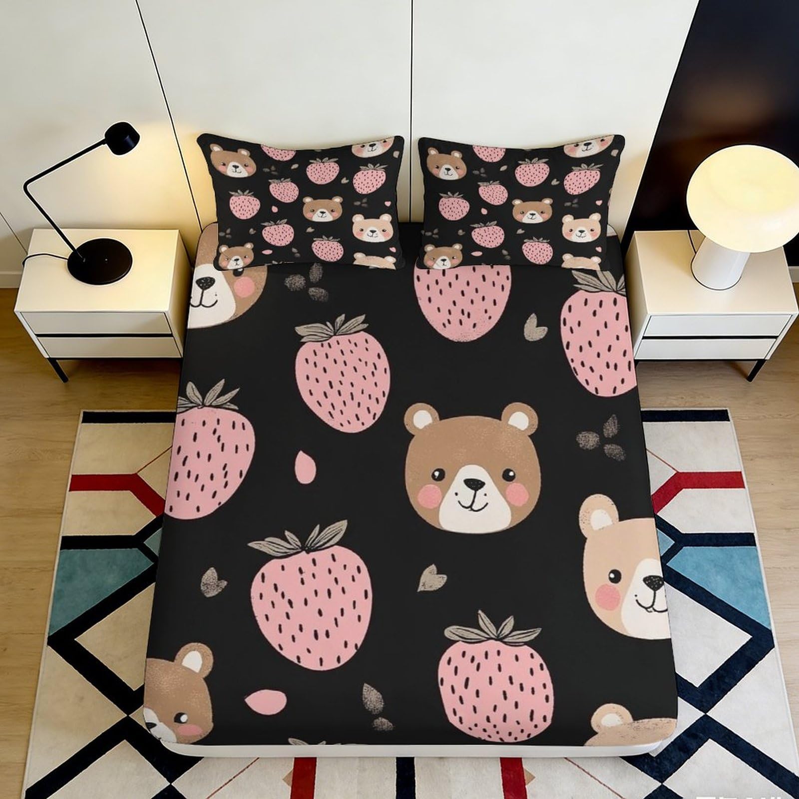 3D Printed Strawberry Bear Fitted Sheet Microfiber Soft Anti-Slip Bed Cover for Bedroom Guest Room Decor 90x200x25cm
