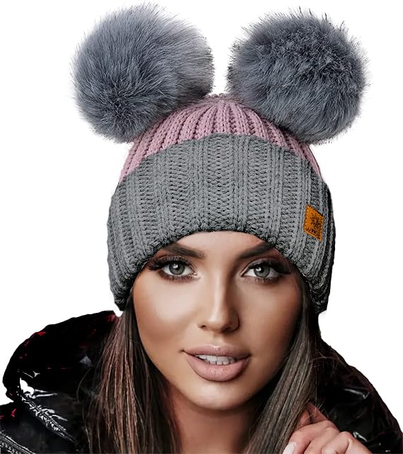 4sold Miki Colour Womens Girls Winter Hat Wool Knitted Beanie with Double Pom Pom Cap Ski Snowboard Bobble