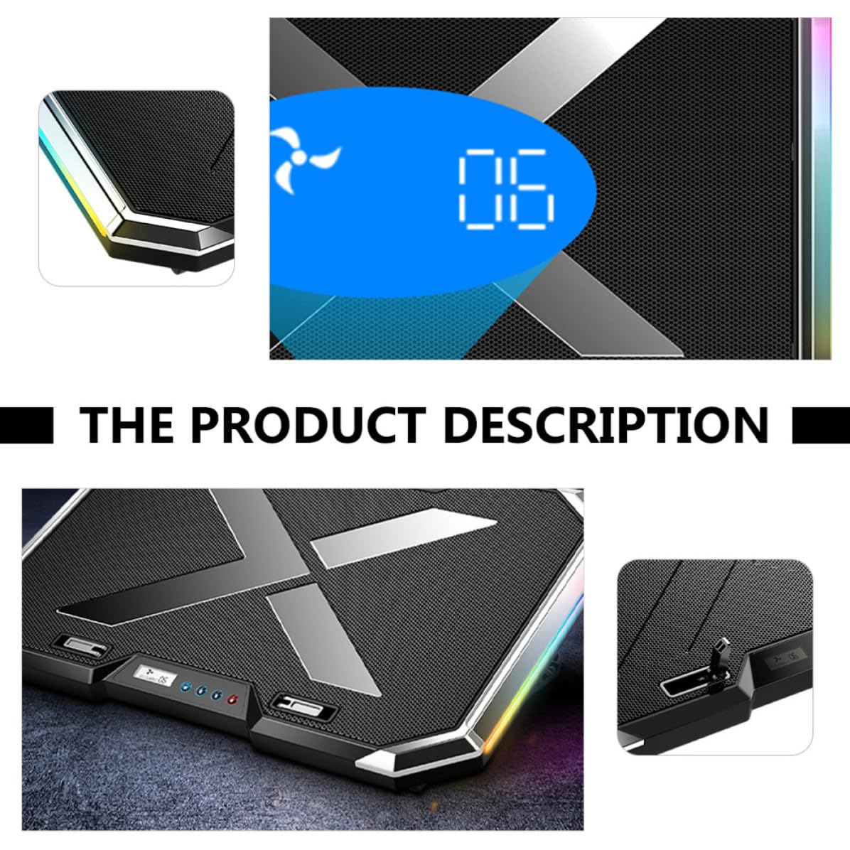 HOMSFOU USB Laptop Kühler mit RGB Beleuchtung Höhenverstellbarer Gaming Laptop Kühlständer aus Legierung mit Großem Lüfter und 7 Winkel Verstellung für Leises Arbeiten
