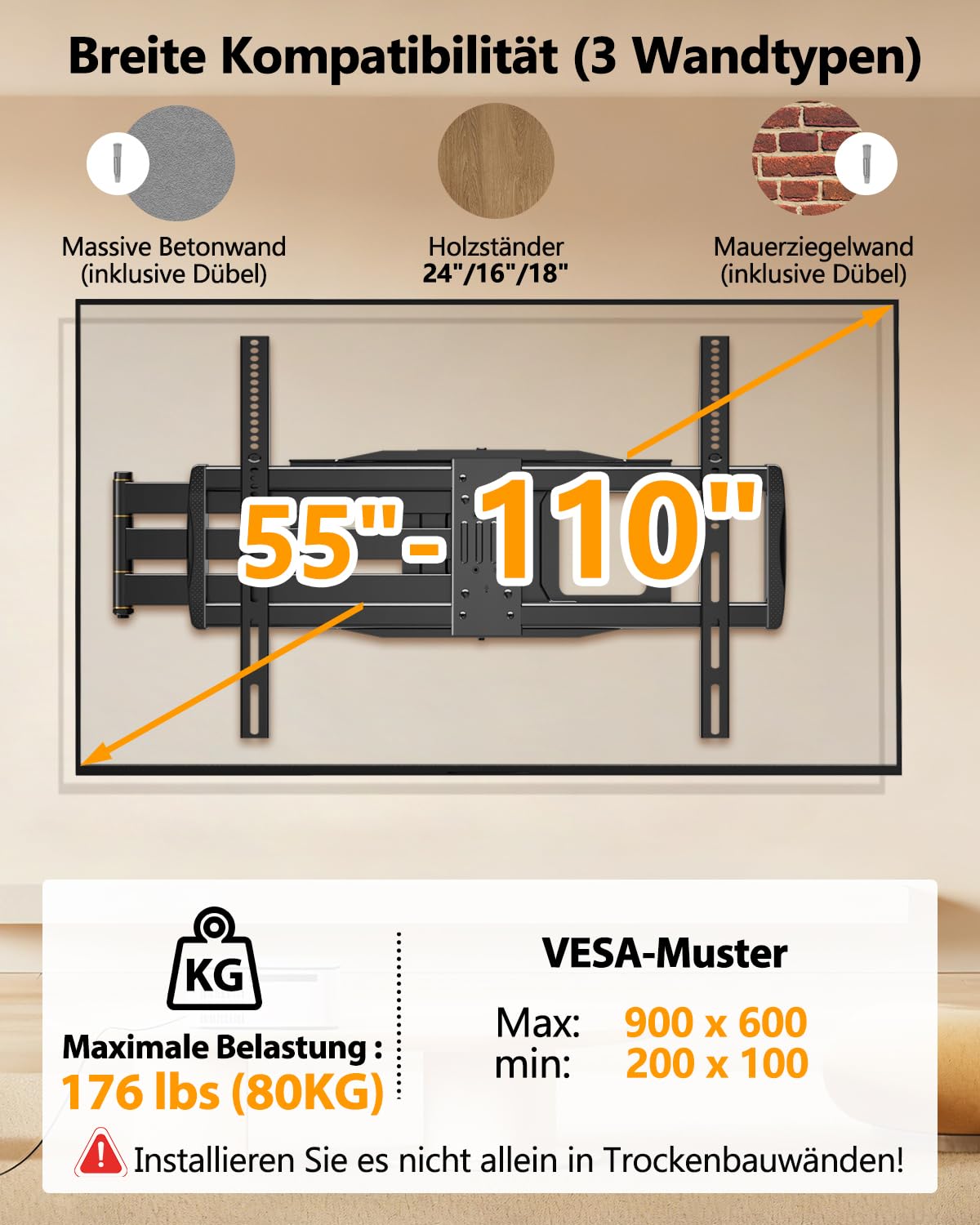 TV Wandhalterung mit 1090mm Langem Arm für 42-110 Zoll Fernseher bis 80kg WHYFONE Heavy Duty XXL Fernsehhalterung Wand Schwenkbar 180° Drehbare Ausfahren Wandhalterung Fernseher Max. VESA 900x600mm