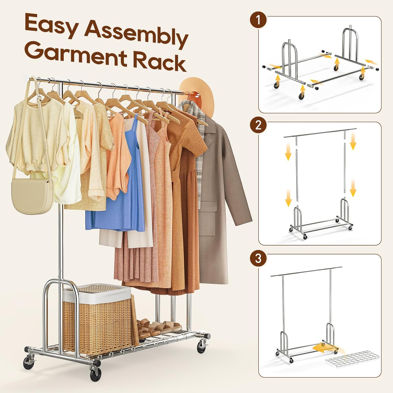 TigerParty Heavy Duty Clothes Rack,Load 600 LBS,Metal Garment Rack,Standing Rolling,Clothing Rack for Hanging Clothes,Portable Closet Wardrobe Rack for Bedroom Laundry Living Room