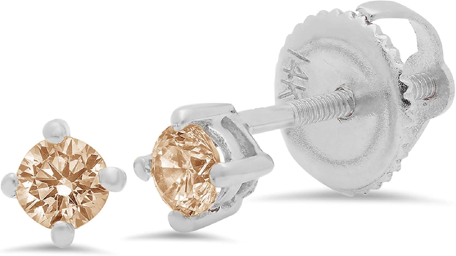 14K White Gold Simulated Champagne Diamond Stud Earrings with Screw back - Hypoallergenic, 0.5 cttw - Minimalist Women's Fine Jewelry - Image 8