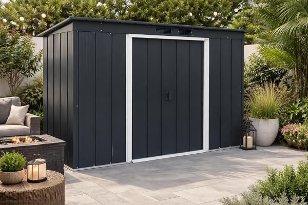 Visiter la boutique Duramax Duramax ECO 8 x 4 (2.85 m²) abri de jardin en métal à toit pentu, Abri de jardin en métal galvanisé à chaud, Abri de stockage d'outils, structure de toit renforcée, anthracite in use