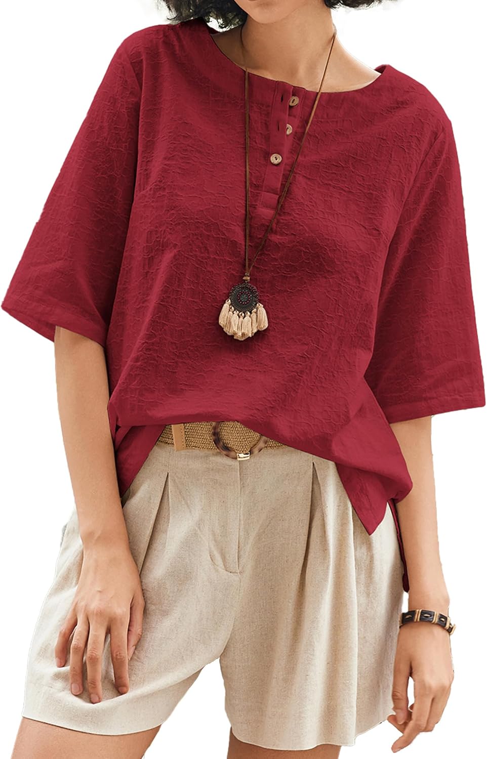 Cnlinkco Linen Tops for Women 3/4 Sleeve Crew Neck Cotton Shirts Casual Jacquard Boho Blouse