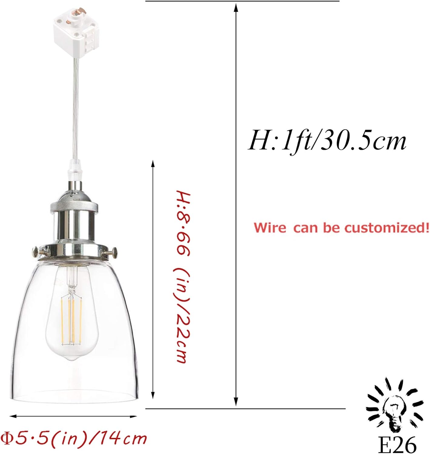 H-Type Track Light Pendants Restaurant Cone Clear Glass Lampshade with Chrome E26 Socket Industrial Factory 1ft Pendant Lamp Dimmable Track Mount Pendant Lighting Fixtures Customizable