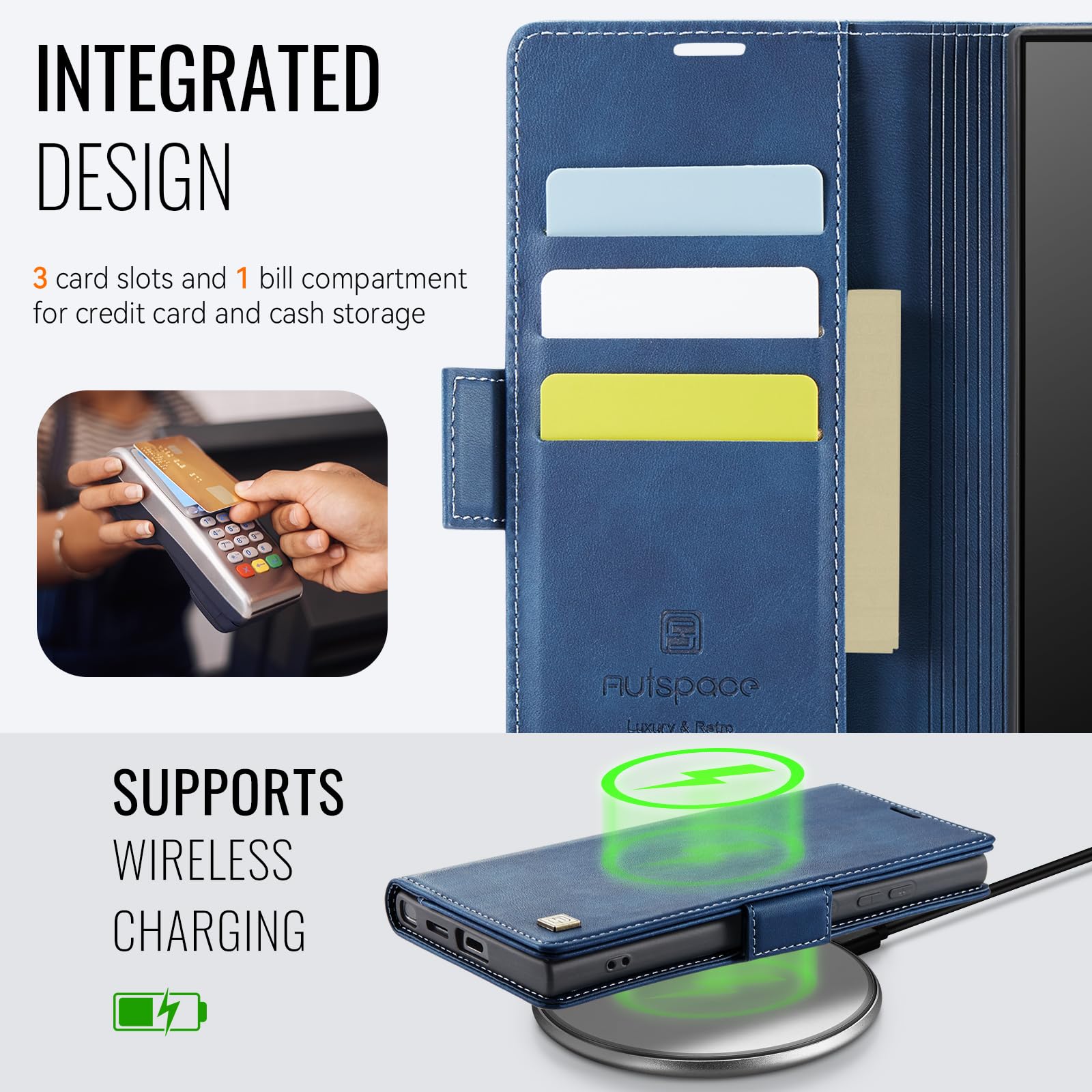 Etui do Samsung Galaxy S24 Ultra 5G, wysokiej jakości skóra PU etui z klapką pokrowiec na telefon，[ochrona RFID], z podpórką/przegródkami na karty, odporne na wstrząsy Case, Niebieski