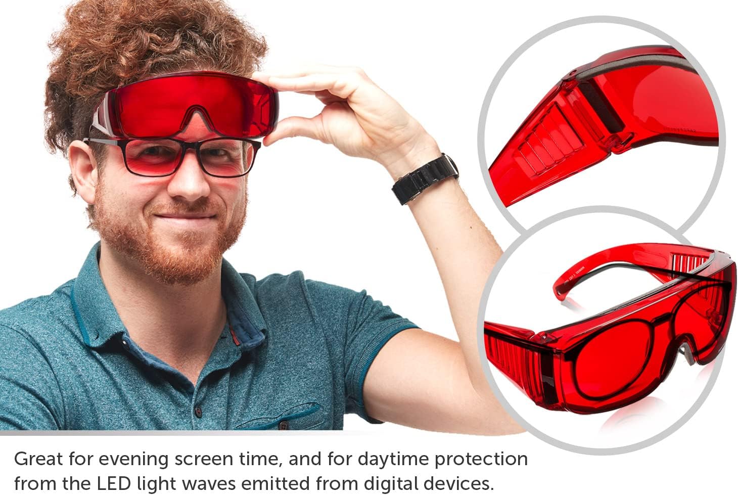 Red Fit-Over Glasses that Block Blue & Green Light - Nighttime Eyewear Reduces Eye Strain/Fall Asleep Faster/Fitover Your Prescription Glasses/Unisex (Red Padded) - Image 2