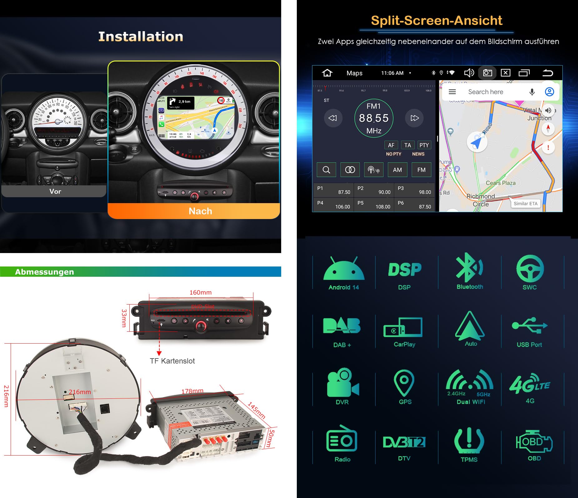 8 Núcleos Android 14 Dab+ Radio Coche Estéreo para BMW Mini Cooper (2007-2013) 4GB+64GB Navegación GPS Soporte Inalámbrico CarPlay Android Auto WiFi USB CD Bluetooth 5.0 7" IPS Pantalla táctil