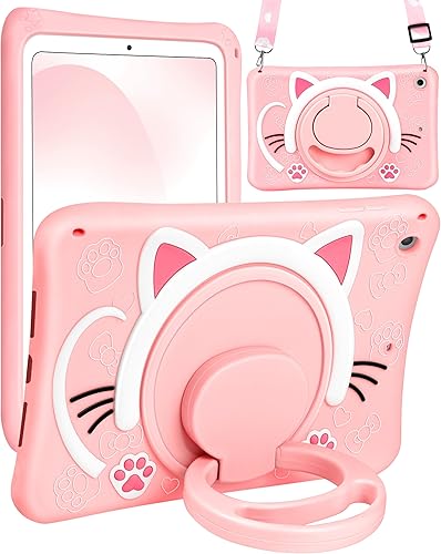 Wazzasoft Funda para iPad de 987 generación de 10.2 pulgadas para niñas, lindo gato kawaii, diseño de dibujos animados 3D, con mango giratorio y