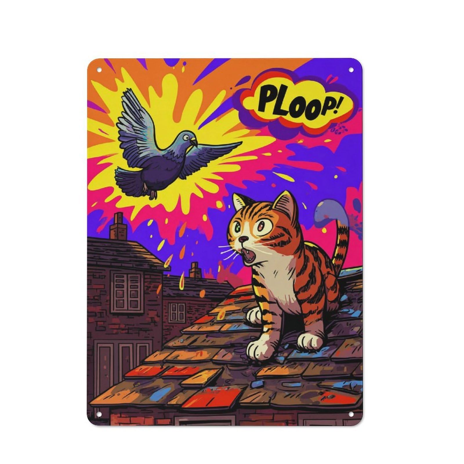 Tin Wall Plaque 40x30cm with Cat Chases Pigeon A Rooftop Adventure! for Home Bar Wall, for Hosts Who Enjoy Retro Interiors Refreshing A Room in Autumn