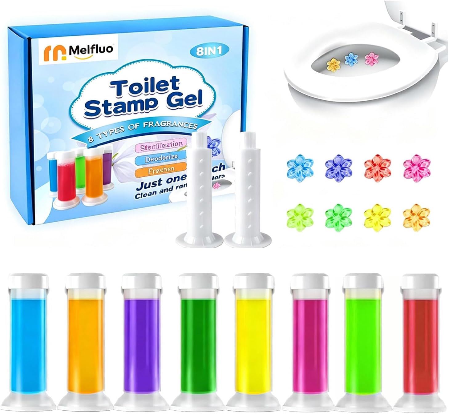 96 Pack Toilet Gel Stamps, 8 Fresh Scents | Long-Lasting Bathroom Freshener & Cleaner | Each Stamp Lasts 12 Days | Easy-Press Applicator for Home, Guest Bath, Rental