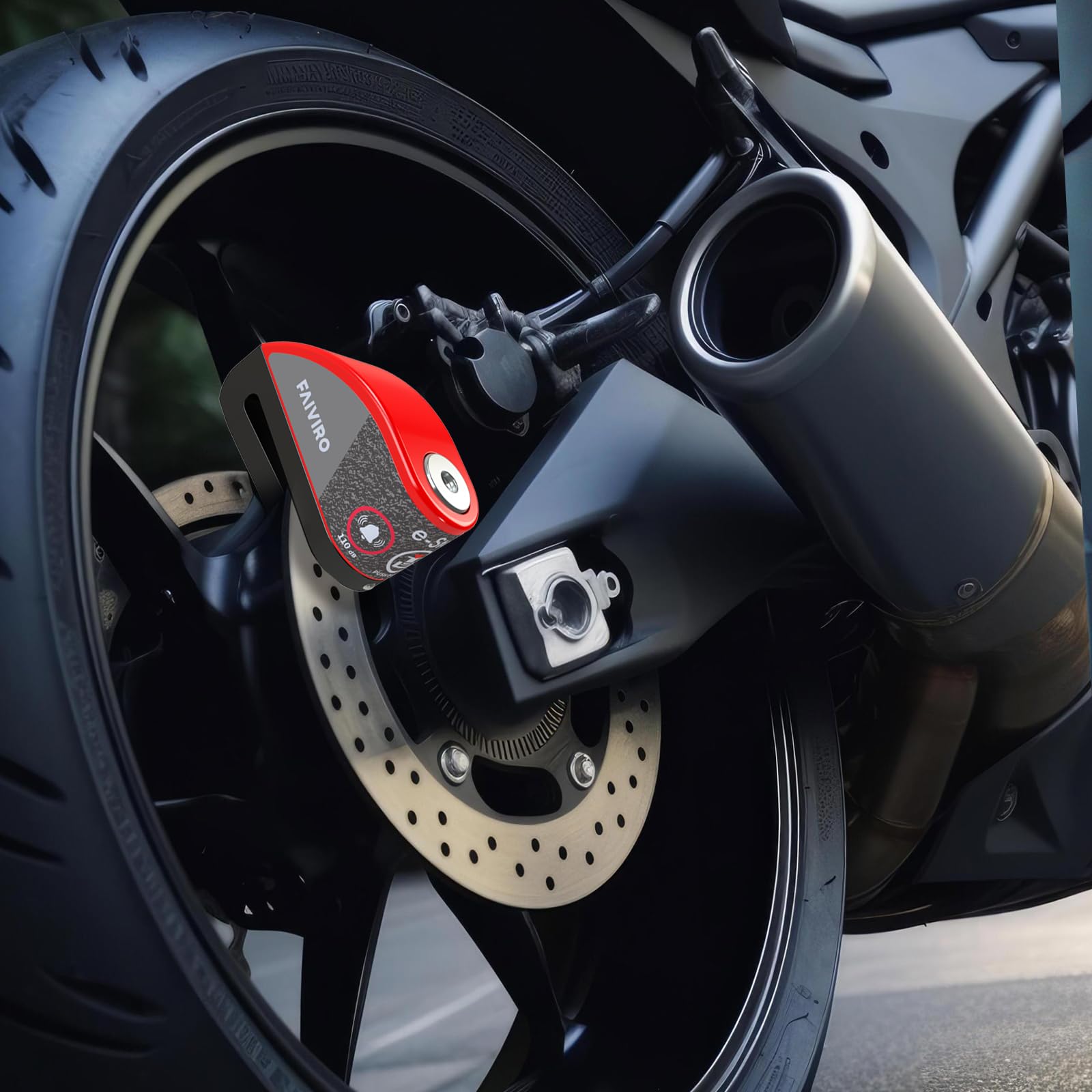 Viro E-Stop Motorradscheibenschloss mit Alarm, Stange 6 mm, Farbe Rot Schwarz, Motorradschloss Diebstahlsicherung für Roller und Motorrad