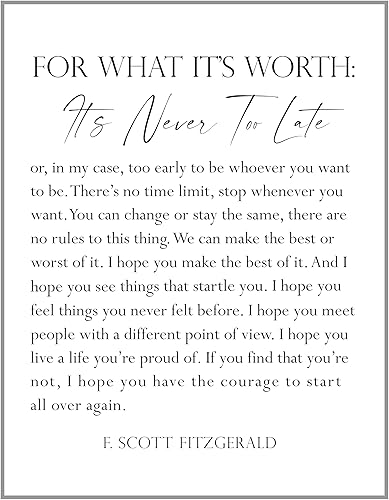 WESTBROOK DESIGN STUDIO F. Scott Fitzgerald Quote Inspirational Wall Art Print - 11x14 UNFRAMED Black & White Decor. For What It’s Worth, It’s Never