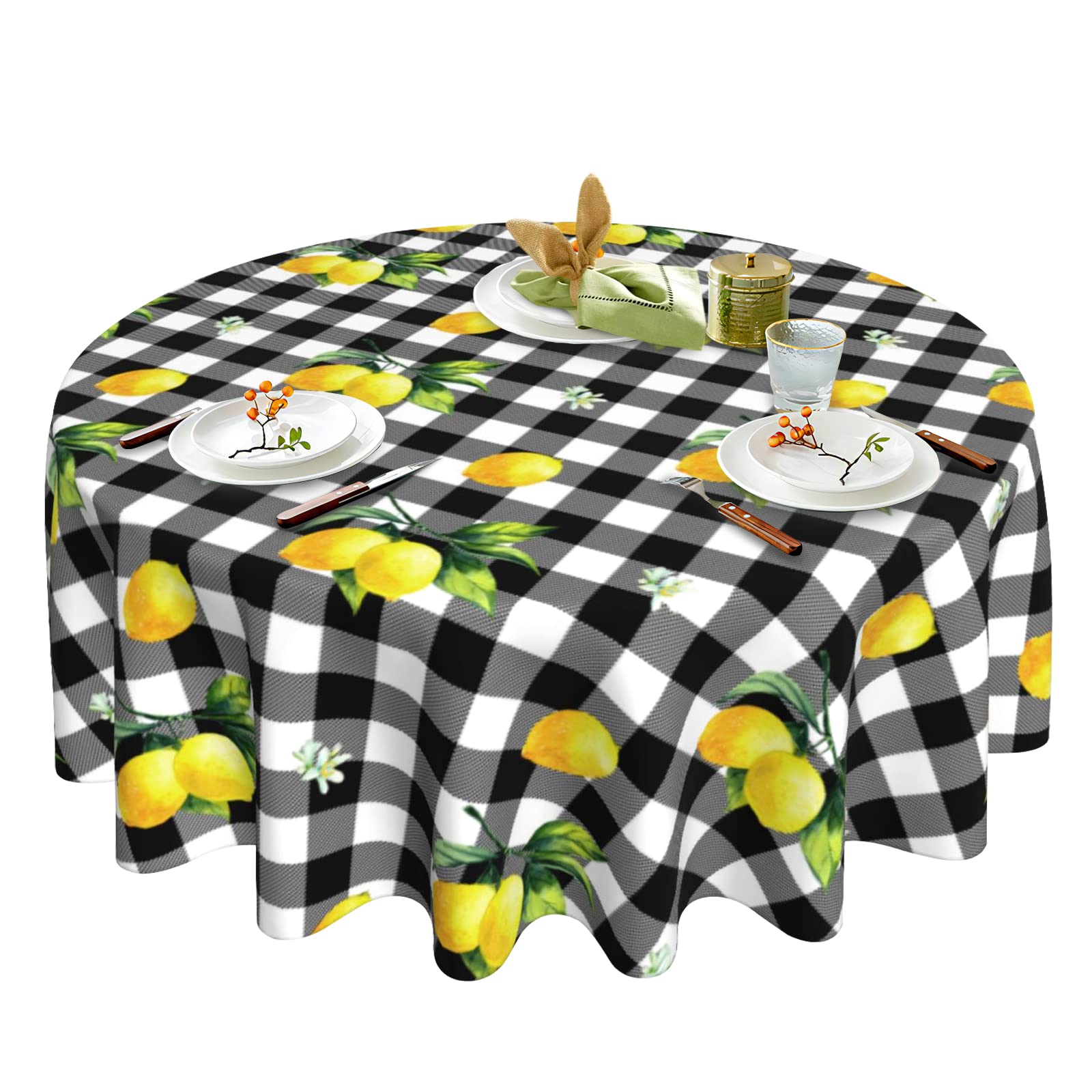 Tolmz Lemon Tablecloth Washable Reusable Anti-Wrinkle Round Tablecloth 60 Inch for Home Parties Indoor Dinner and Outdoor Picnic Kitchen Dining Decor