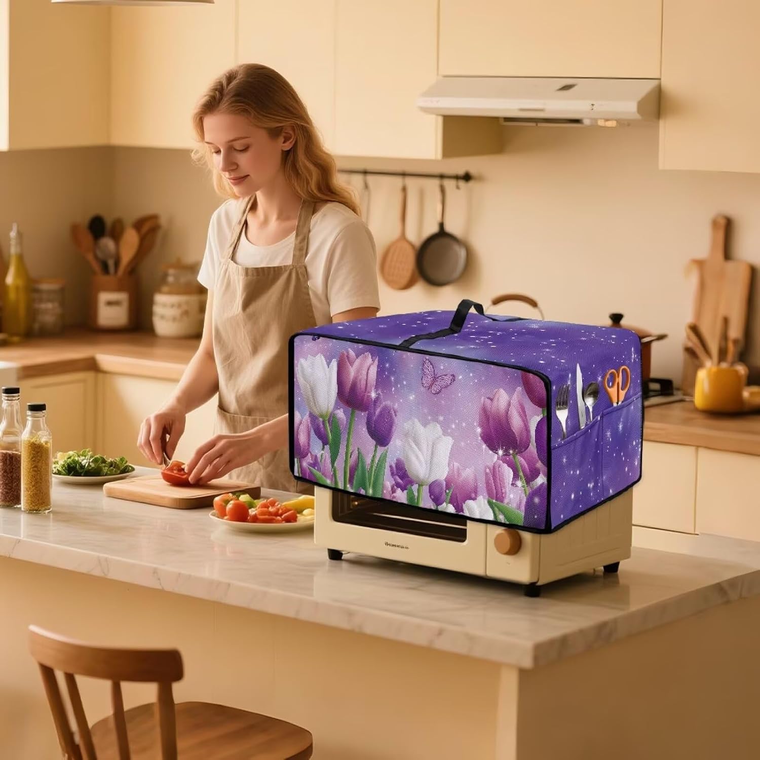 Butterfly Tulip Galaxy Pattern Toaster Oven Cover, Heavy Duty Toaster Oven Cloth Cover Kitchen Accessoires with Storage Pocket Washable Appliance Protection, Medium