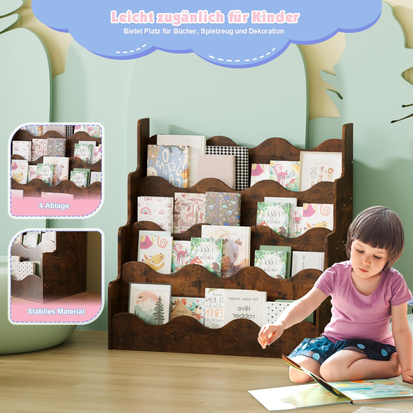 KEEPREAPER Kinder Bücherregal aus Kieferholz, Montessori Kinderregal mit 4 Ablagen, für Kinderzimmer Spielzimmer, 80x38x80cm (Braun-Welle)