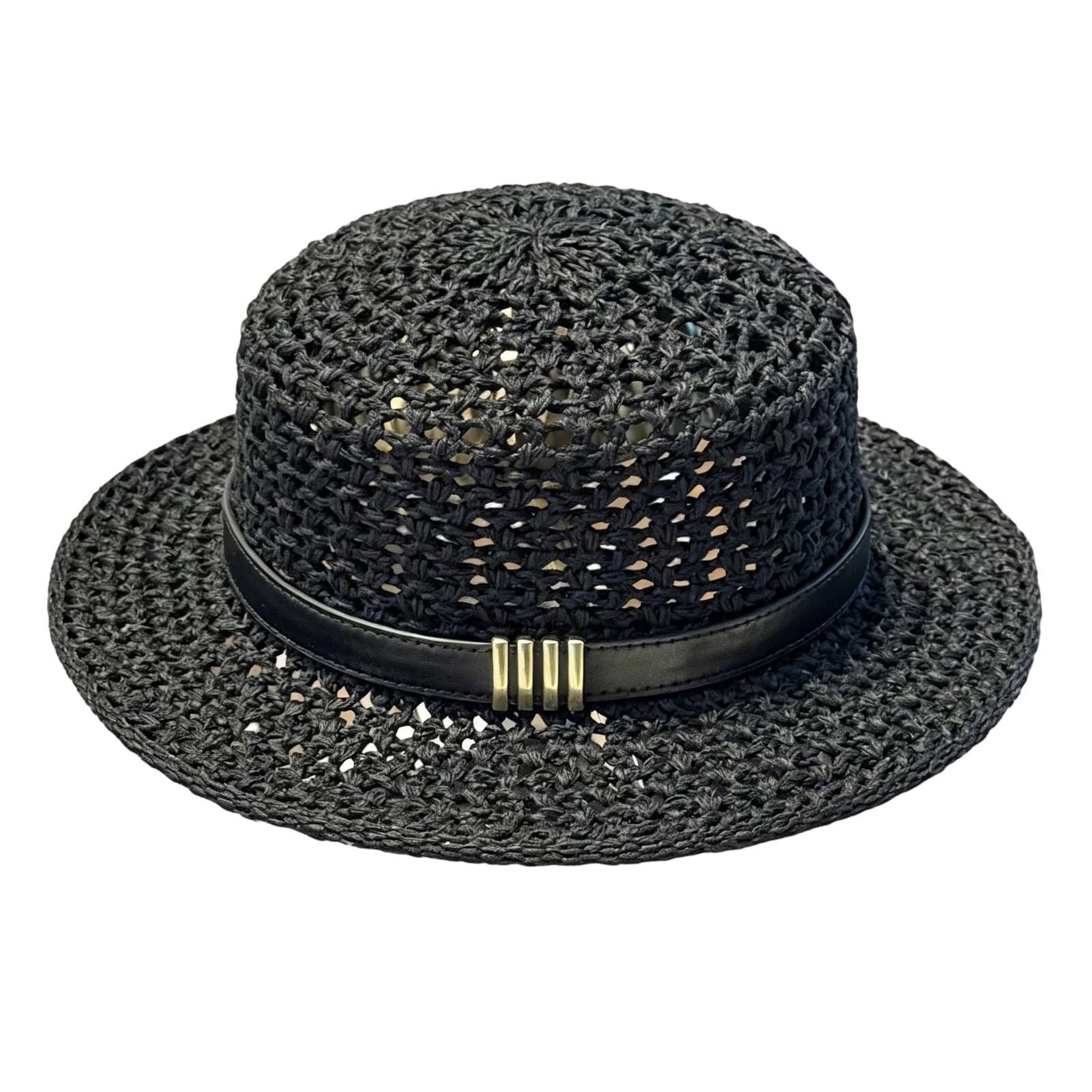 matumou Flat Top Knitted Hat, Leather Strap Wide Brim Hat, Breathable Hollow Weave Summer Hat for Outdoor Travel