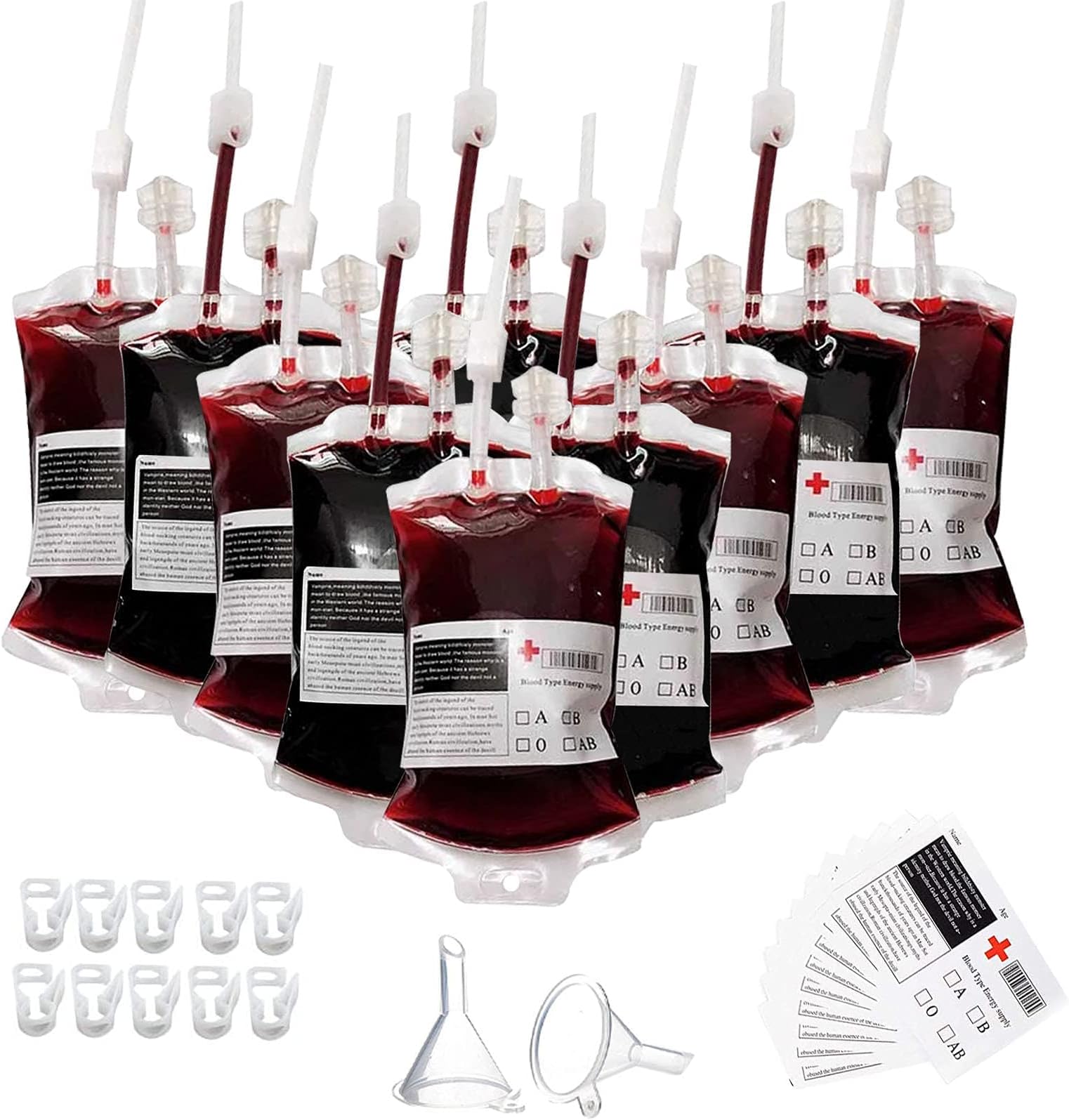 Blood Bags for Drinks,Set of 10 Blood Bags for Drink, with 2 Funnels 10 Labels and 10 Clips,Reusable Halloween Drink Pouches, Vampire Nurse Hospital Theme Party Props,Zombie Christmas Theme Parties