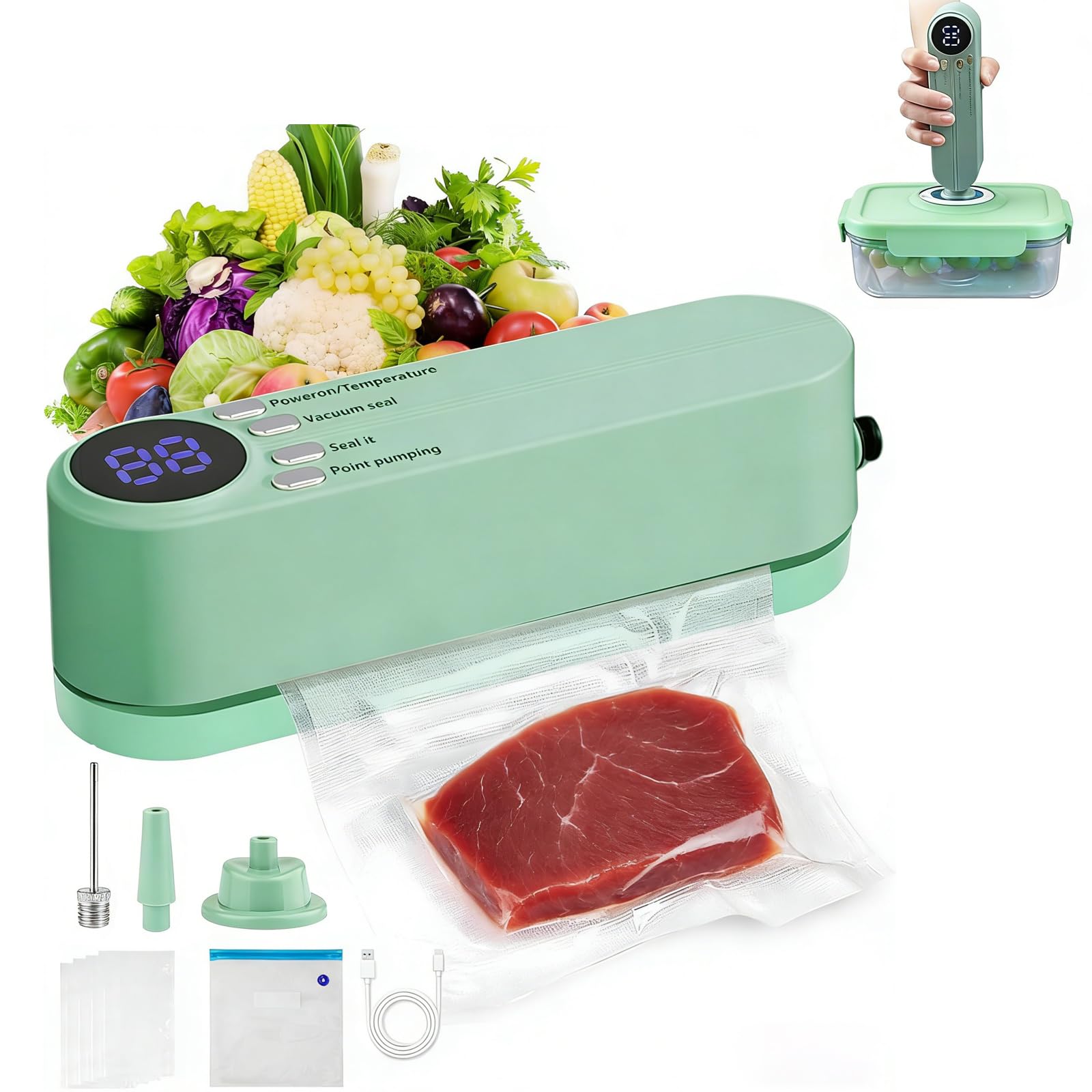 Food Storage Vacuum Sealer Machine, 3 in 1 Mini Cordless Rechargeable Food Sealer for Dry/Moist Food Storage, 4 Snack Bags, 1 Storage Bag, Inflation Pump, Ideal for Home Kitchen Use (Green)