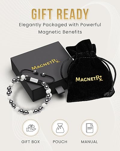Miniatura 7 de MagnetRX Pulsera de hematita y piedra lunar, pulseras magnéticas de hematita de máxima fuerza, pulseras de cuentas blancas con cristales de luna