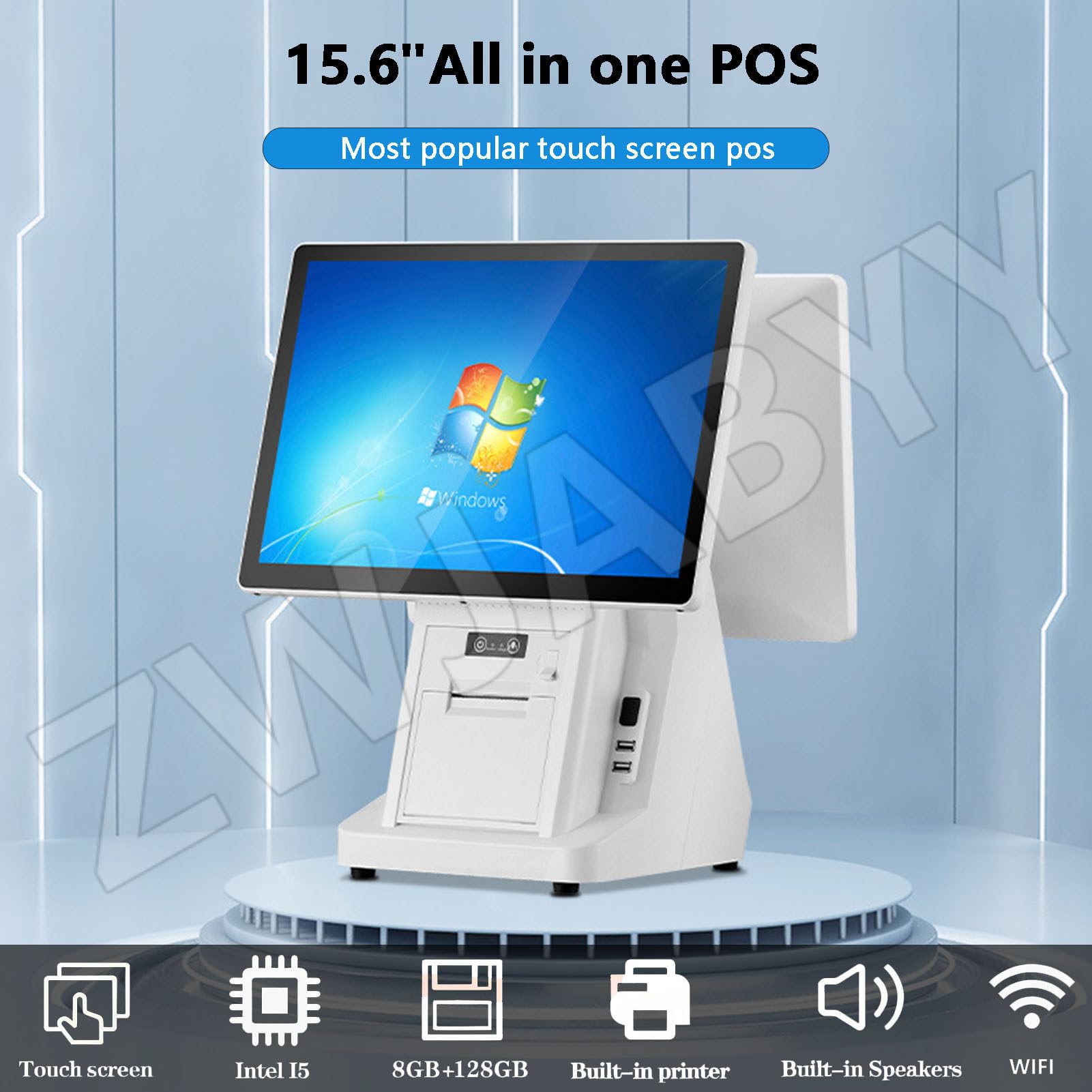 Monitor registratore di cassa POS All-in-One, doppio touch screen da 15,6 pollici, CPU I5, 8 GB di RAM, SSD da 128 GB, Windows, stampante termica integrata da 58 mm,per piccole imprese, ristoranti