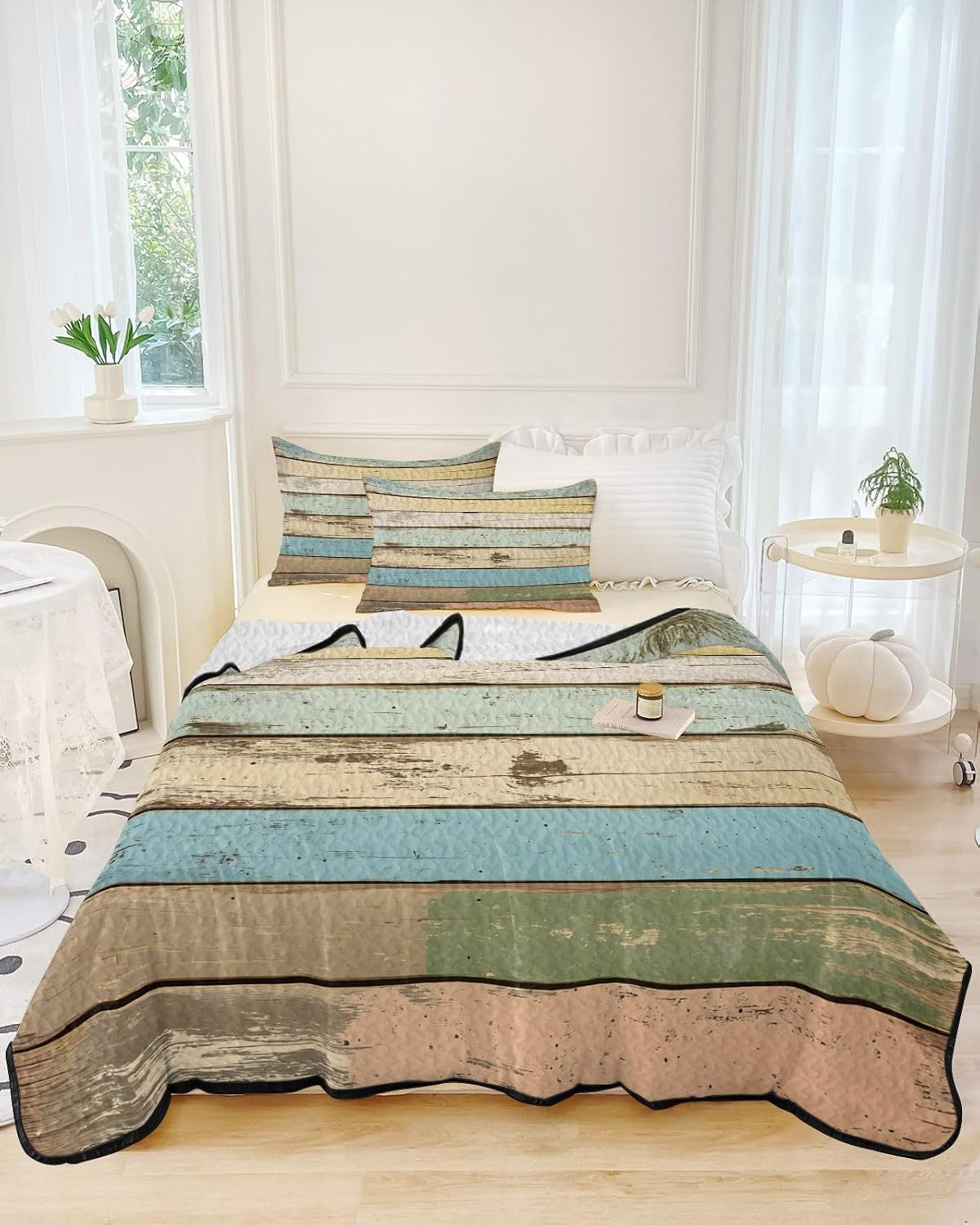 King Size Quilt Set, Vintage Country Wood Board Lightweight Bedspread Coverlet Set Soft Microfiber Summer Quilt with 2 Pillow Shams, Classic Geometric Stripe 3 Piece Comforter Bedding Set