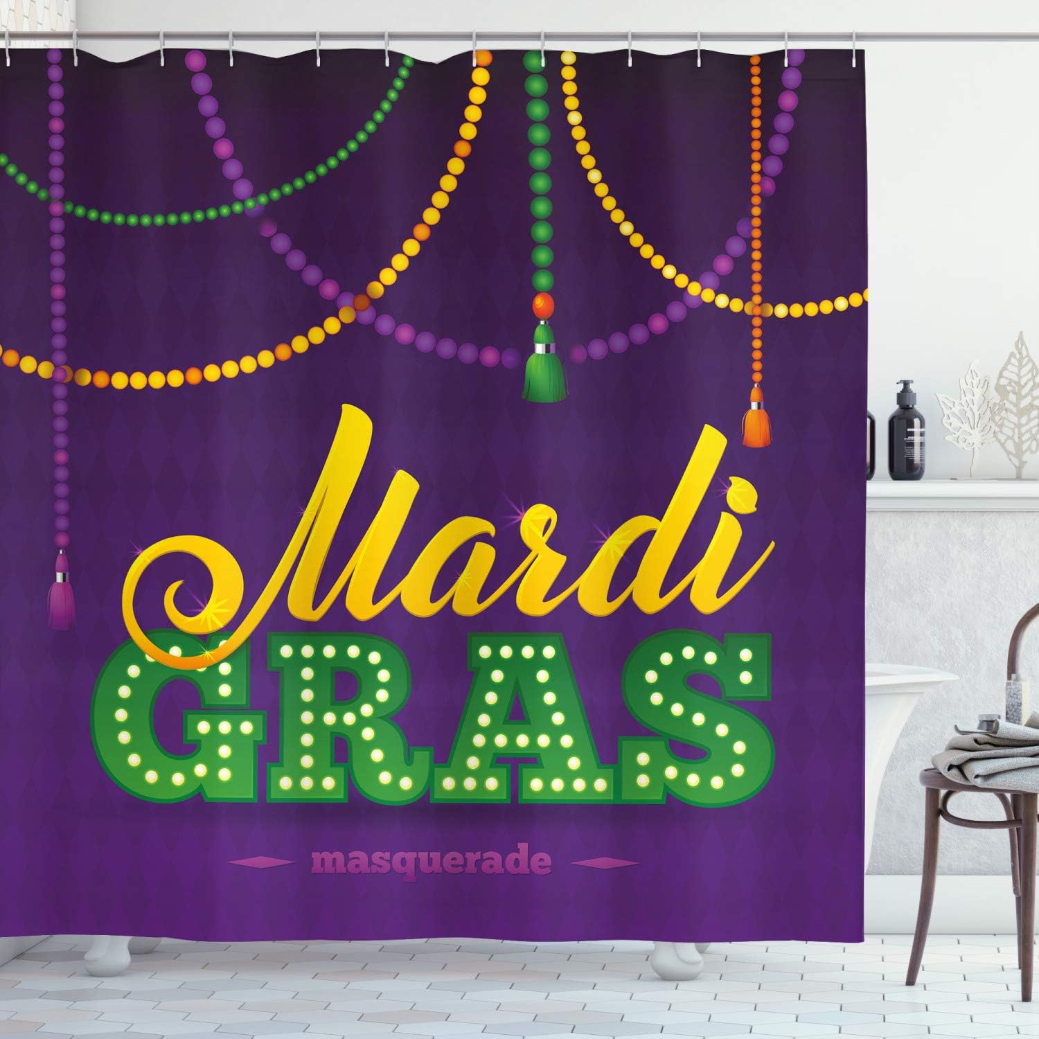 Ambesonne Mardi Gras Shower Curtain, Beads and Tassels Masquerade Theme Calligraphy Design Fun Print, Fabric Bathroom Decor Set with Hooks, 69" W x 70" L, Purple Marigold Fern Green
