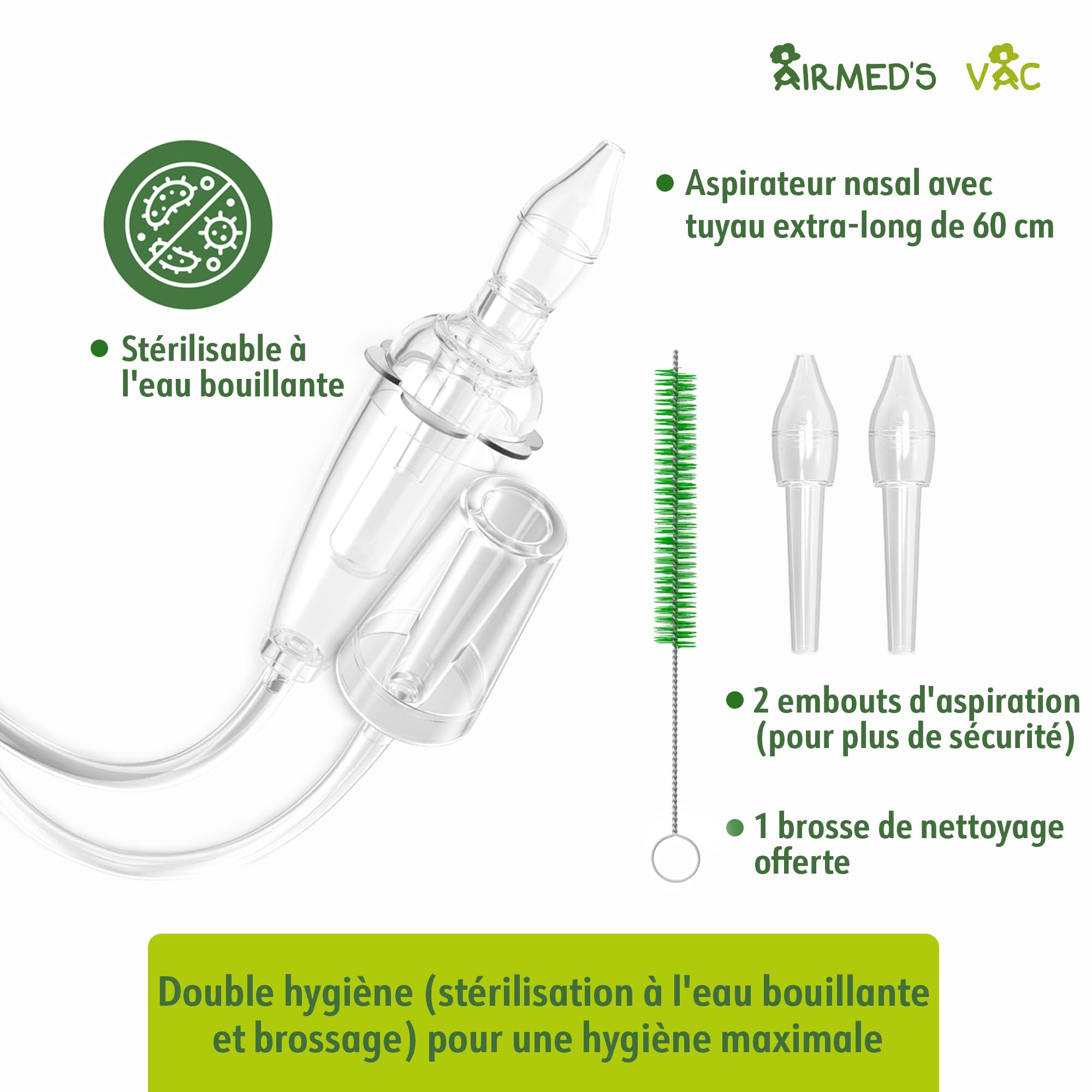 Airmed's Vac Mouche bebe. Testé cliniquement, sûr et doux. Aspirateur nasal | Un nez dégagé en 3 secondes. Avec 2 embouts d'aspiration et une brosse de nettoyage. Compatible avec tous les aspirateurs.