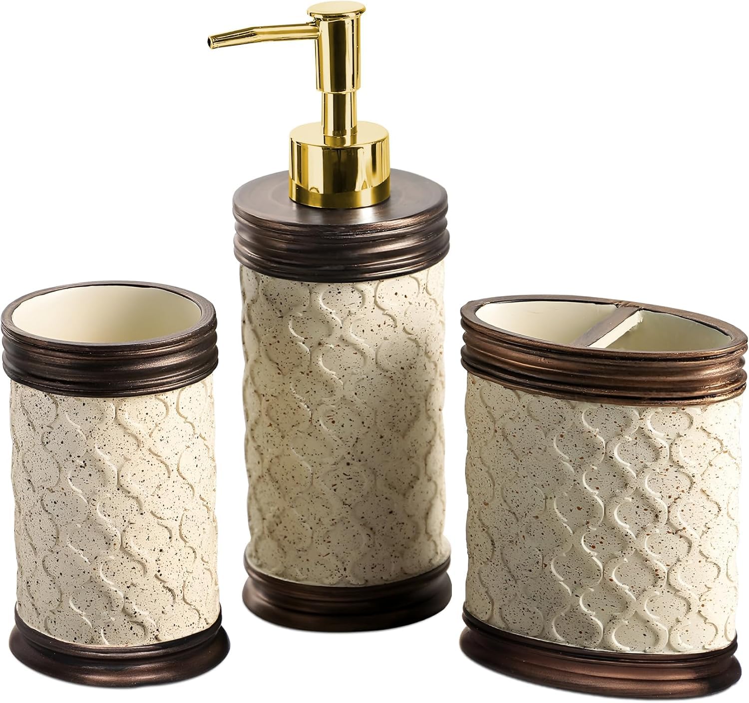DC VOLTAGE Premium 3-Piece Modern Bathroom Accessories Set - Toothbrush Holder, Lotion Dispenser, Tumbler - Durable Resin - Ideal for Home, Guest, and Office Bathrooms (Set 9)