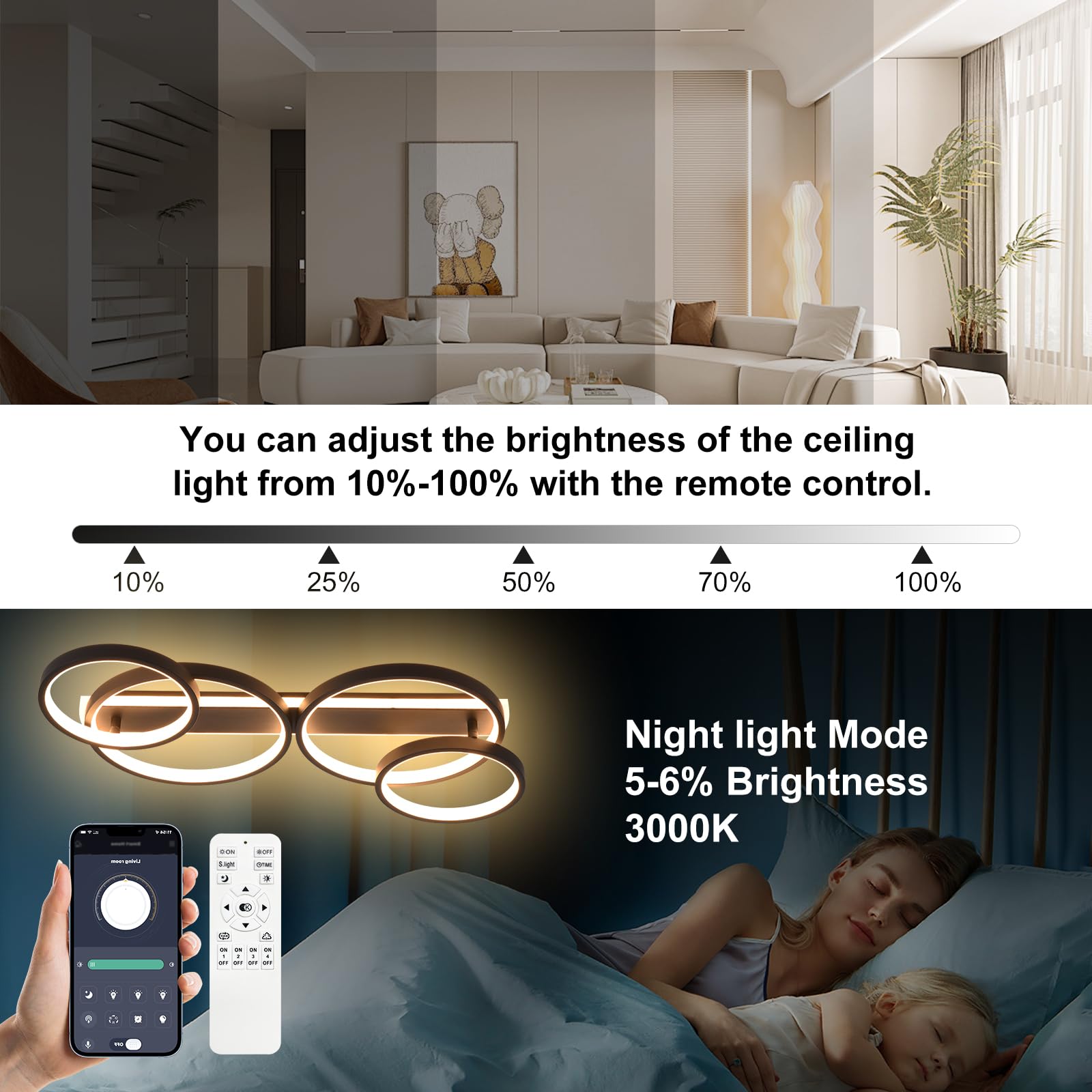 LED Plafonnier,Moderne Lampe de plafond 48W 3000K-6500K,4 anneaux ronde design Chambre Eclairage,Luminaire interieur deco avec Telecommande APP Dimmable,Lampe Lustre pour salon bureau cuisine couloir