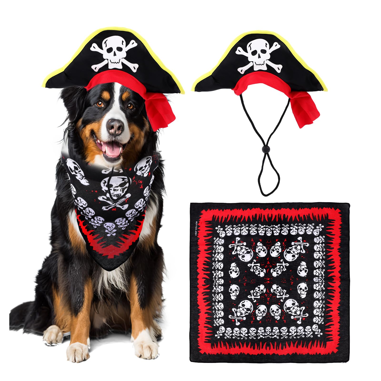 Dog Pirate Costume, Skull Print Hat with Bandana Pirate Pet Costume Halloween Pet Cosplay Set for Dog Cat Halloween Party
