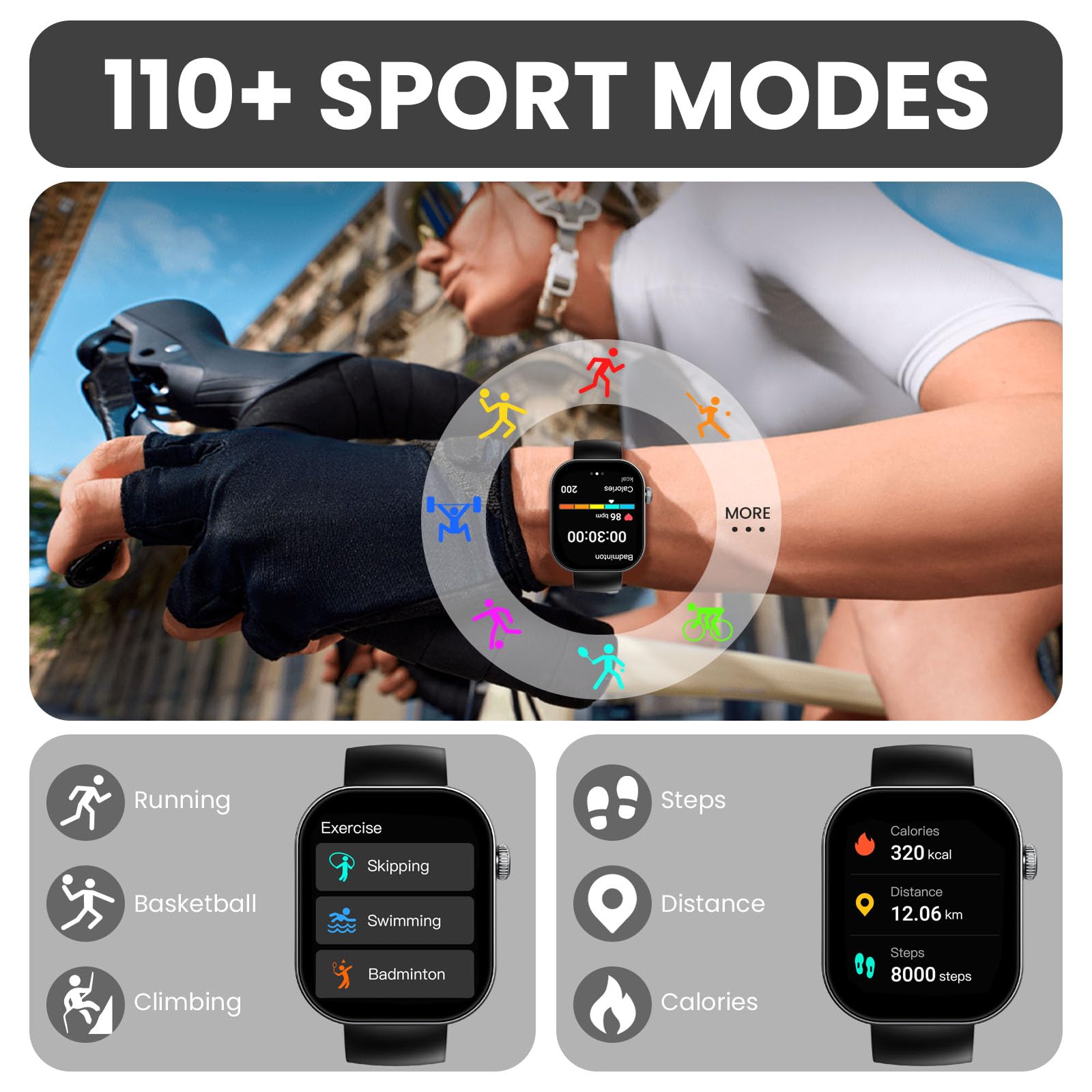 Smartwatch Uomo Donna con Effettua o Risposta Chiamate, 2.01" Orologio Smartwatch Contapassi/Cardiofrequenzimetro/Sonno, 110+ Modalità Sportivo Fitness Tracker, Impermeabile 5ATM Smart Watch Nero