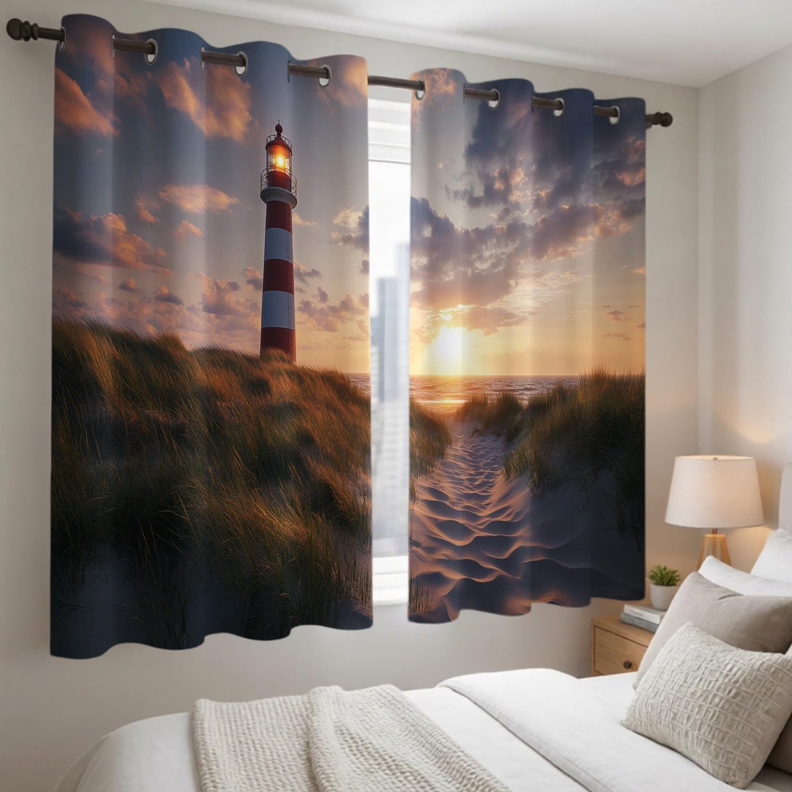 Tende Oscuranti con Tasca Passabastone, Faro della spiaggia Alghe Coppia di 2 Pannelli 140L x 200A cm