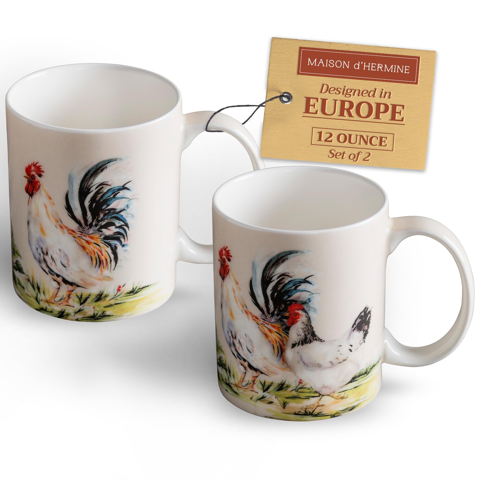 Maison d' Hermine Mug with Handles Fine Bone China Coffee Mug Pack of Two for Gifts Hot Beverages - Coffee Cappuccino Latte Cocoa Perfect for Wife, Girlfriend, Office (Campagne, 12 Oz)