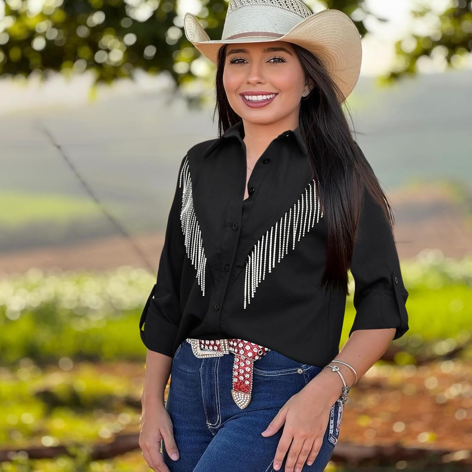 Women's Fringe Trim Shirts Long Sleeve Button Down Rhinestone Top Sparkly Shirt Blouse Cowgirl Western Country Concert Outfit - Image 6